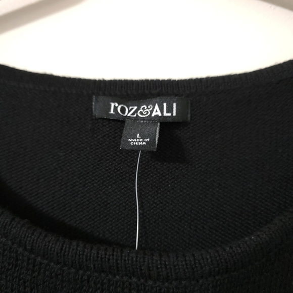 ROZ & ALI Half Sleeve Black Knit Sweater Blouse Metallic Jaquard Filagree Front - Picture 6 of 14